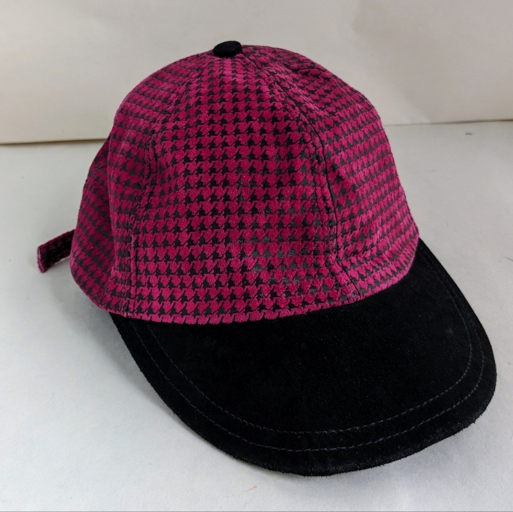 Vintage Y2K Pink Black Houndstooth Leather Cap Hat Adjustable